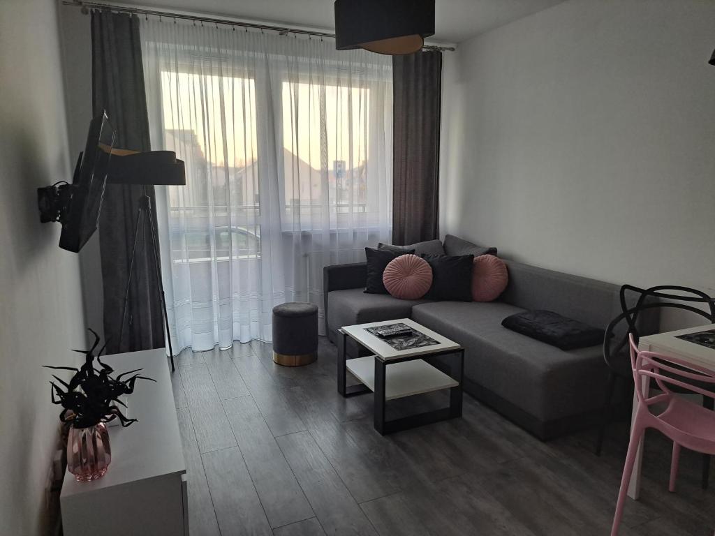 a living room with a couch and a table at Apartament Pudrowy in Koszalin
