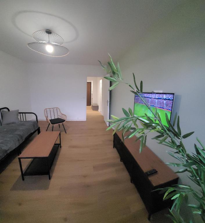 un salon avec un canapé et une plante dans l'établissement Grand appartement avec parking privé, à Épinay-sur-Seine