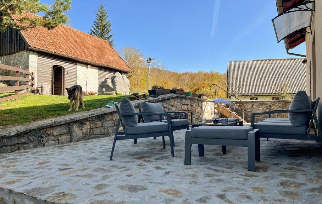 patio z czterema krzesłami i psem w tle w obiekcie Gorgeous Home In Gospic With Kitchen w mieście Gospić