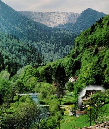 a view of a mountain with a river and trees at EVASIONLOISIRS1 in Boudry