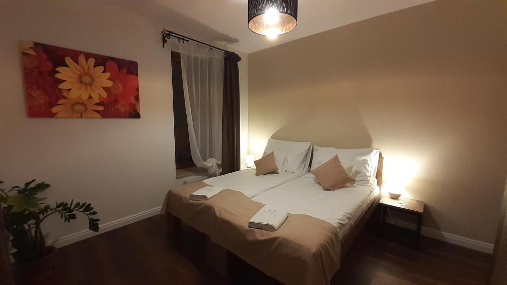 1 dormitorio con 1 cama con 2 almohadas en Bíbic Apartman A, en Kápolnásnyék