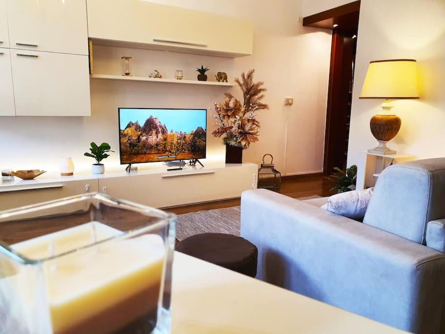 ein Wohnzimmer mit einem Sofa und einem Flachbild-TV in der Unterkunft King Como Lake Center 9 posti letto- Grande Terrazza - 2 bagni privati in Como