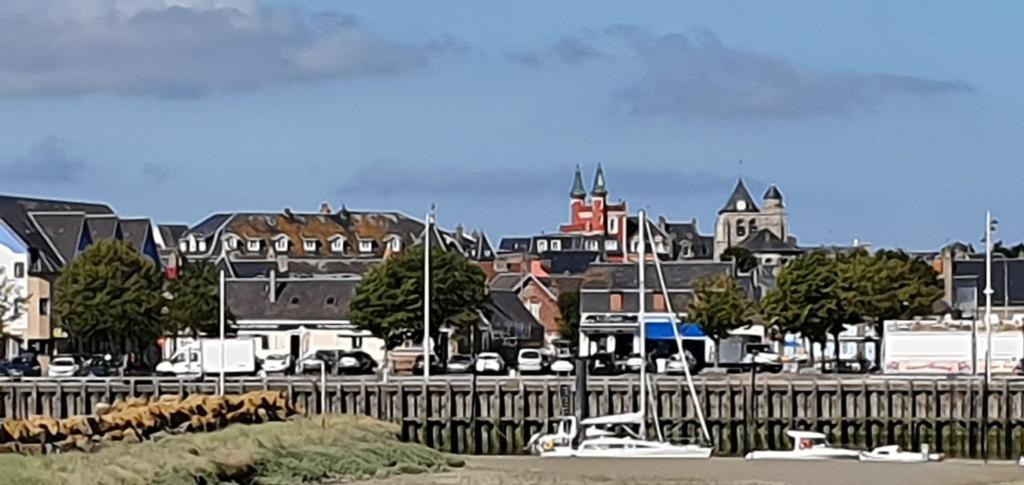 een kudde schapen die voor een stad staat bij Villa Etiennette 1 in Le Crotoy