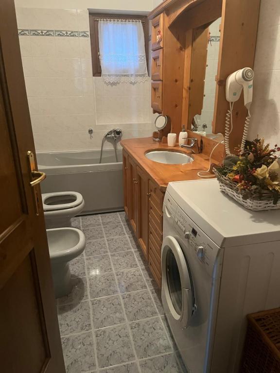 a bathroom with a toilet a sink and a washing machine at Novità Booking a due passi dalla Ski Area in San Vito di Cadore