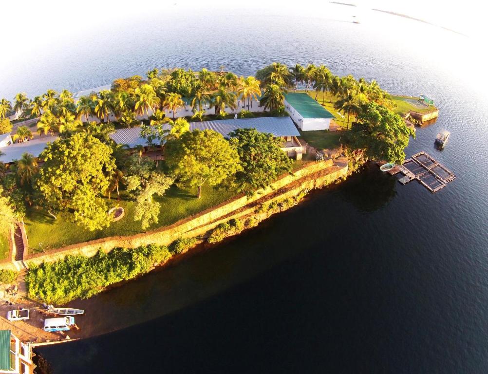 an aerial view of an island in the water at Lake Safari Lodge in Siavonga
