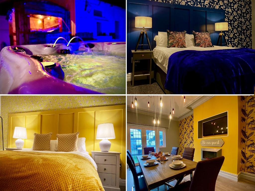 three pictures of a hotel room with two beds at Captivating 4-Bed Hot Tub House in Blackpool in Blackpool