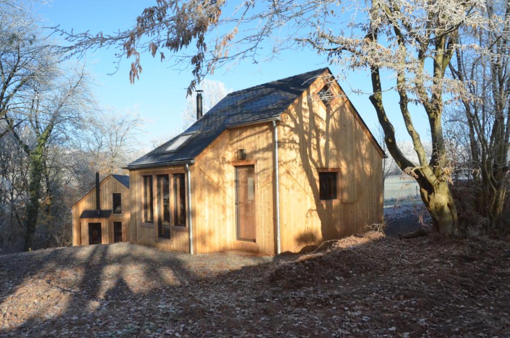 una pequeña casa de madera en medio de un bosque en Les cabanes des Pierreux, en Gesves