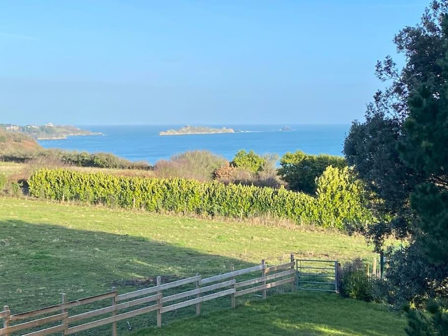 una valla en un campo con el océano en el fondo en La maison des Rimains en Cancale