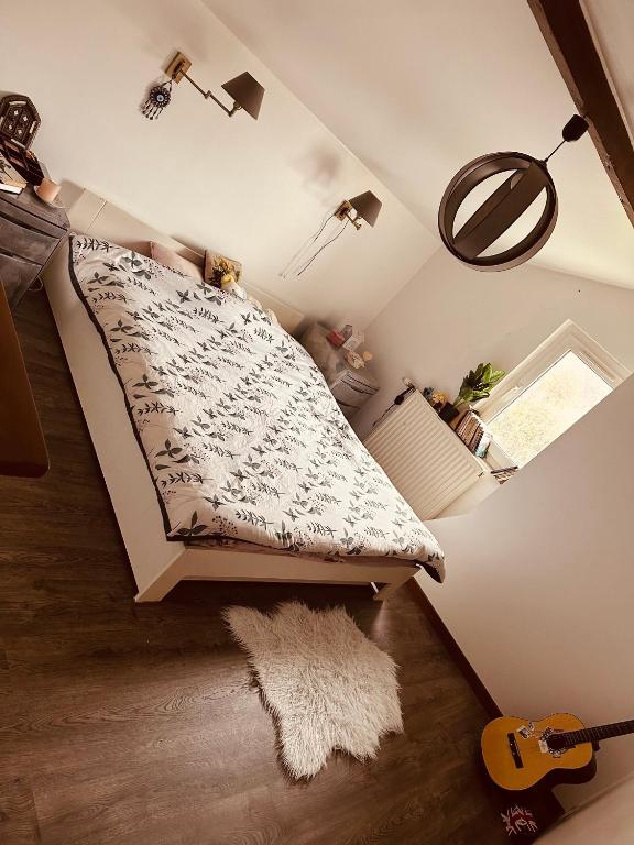 1 dormitorio con 1 cama con guitarra y alfombra en Chambre d hotes river villa, en Montivilliers