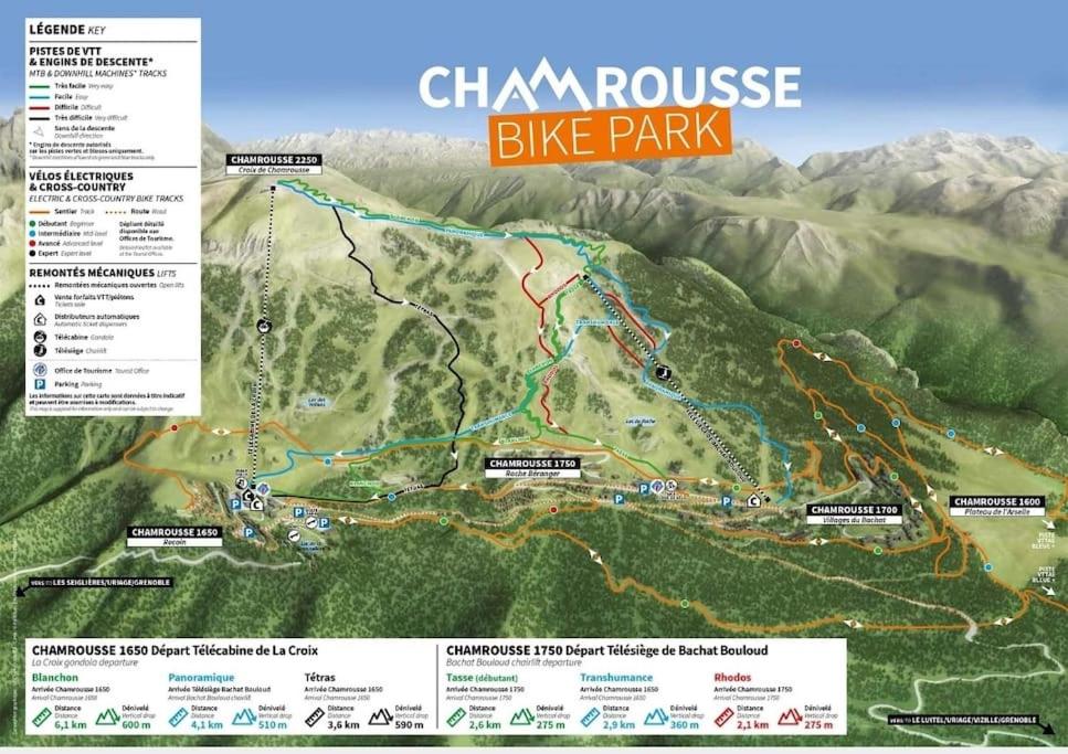 a map of the chawrase bike park at Charmant T2 proche des pistes superbe vue in Chamrousse