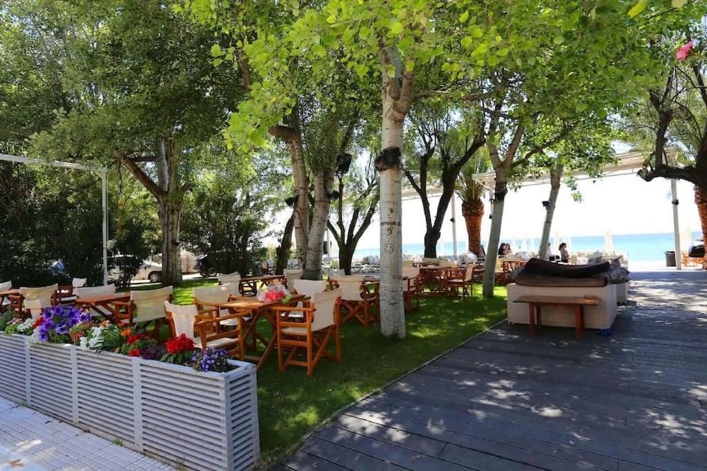 restauracja ze stołami, krzesłami i drzewami w obiekcie Квартира Халкидики Флогита / Ferienwohnung Chalkidiki Griechenland w mieście Flogita