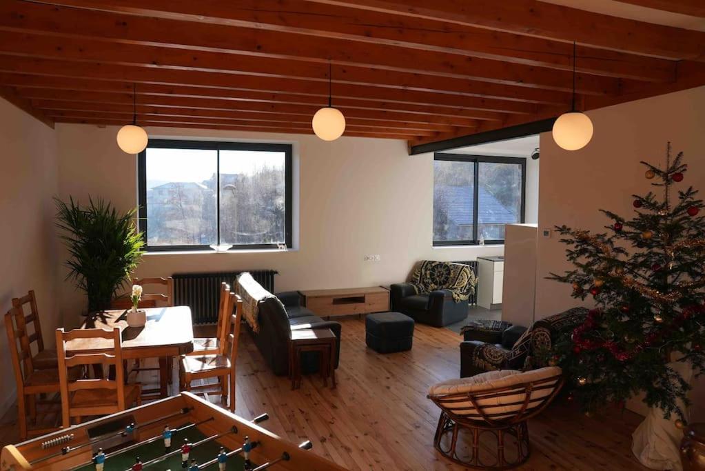 una sala de estar con un árbol de Navidad en el medio en Votre appartement à Chalmazel en Chalmazel