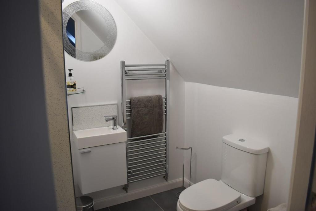 Baño blanco con aseo y lavamanos en Fort William loft on shore front with amazing views en Caol