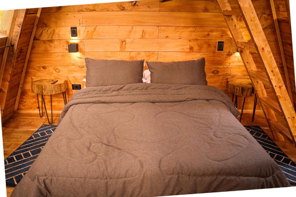 GüicánにあるSisuma Ecolodgeの木製の壁のベッドルーム1室(大型ベッド1台付)
