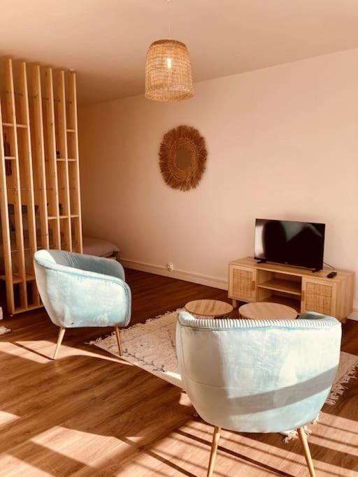 un salon avec deux chaises et une télévision dans l'établissement Le Bohème Parking Proche Centre, à Châteauroux