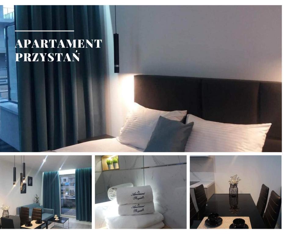 a collage of photos of a hotel room with a bed at Apartament Przystań z tarasem in Giżycko