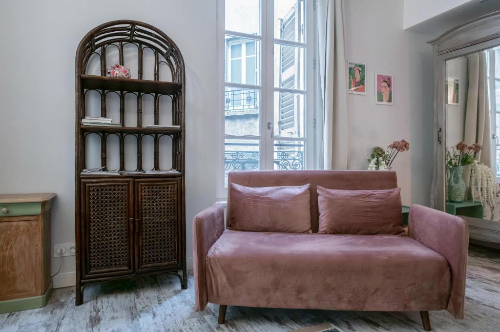 een woonkamer met een roze bank en een boekenplank bij Résidence Aristide Briand - Appartements en Centre Ville in Vichy