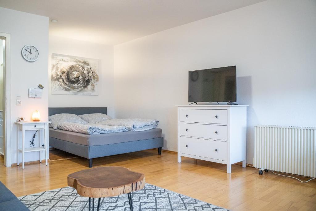 een slaapkamer met een bed en een tv op een dressoir bij Apartment und WG-Doppelzimmer Sonnenhalde in Tübingen