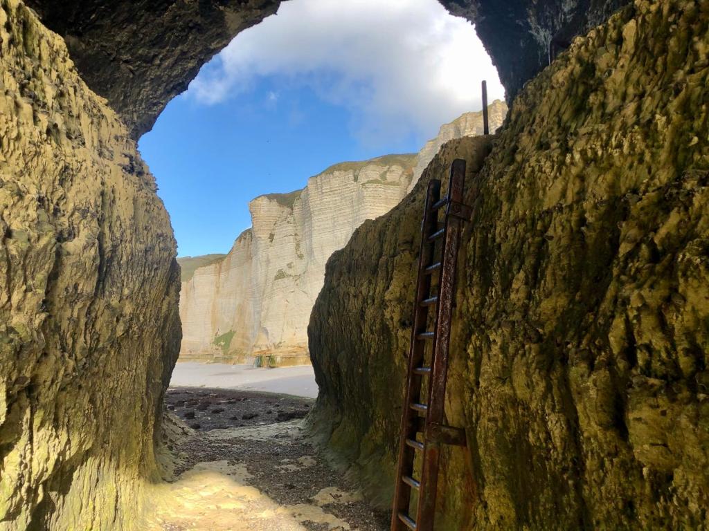 a cave in a rock wall with a gate in it at Chambre &amp; Caux in Thiergeville