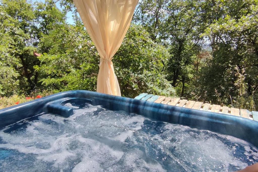 una vasca idromassaggio con baldacchino di fronte agli alberi di Cottage romantique, son jacuzzi privatif, piscine a Rillieux-la-Pape