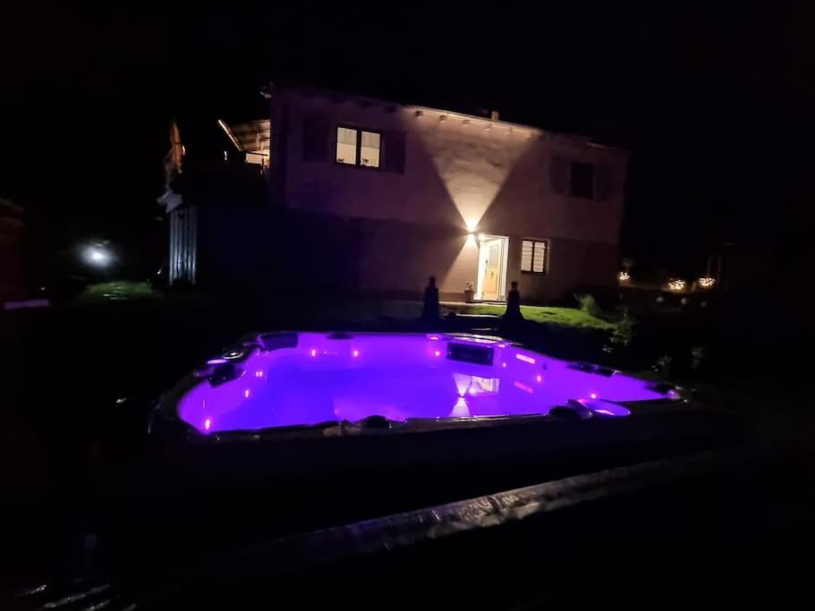 een paars zwembad voor een huis 's nachts bij Schöne Ferienwohnung mit Jacuzzi in Hinterzarten in Hinterzarten