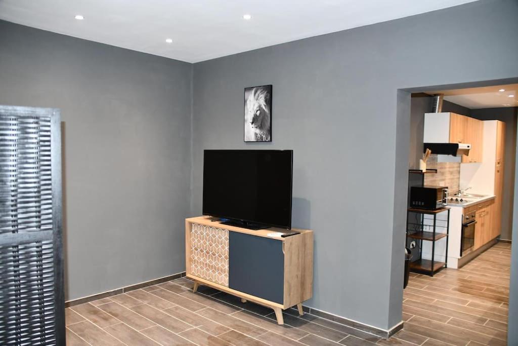 een woonkamer met een flatscreen-tv aan de muur bij Logement in wood (400 mètres de Pairi Daiza) in Bolignies
