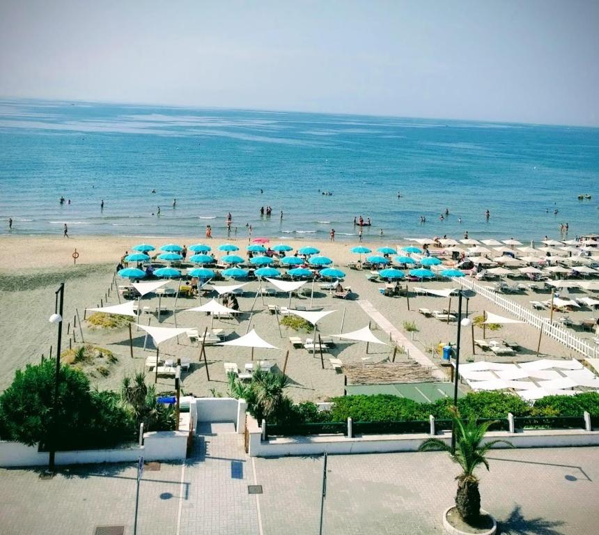 una spiaggia con ombrelloni blu e bianchi e persone in acqua di Baron Beach Hotel a Scauri