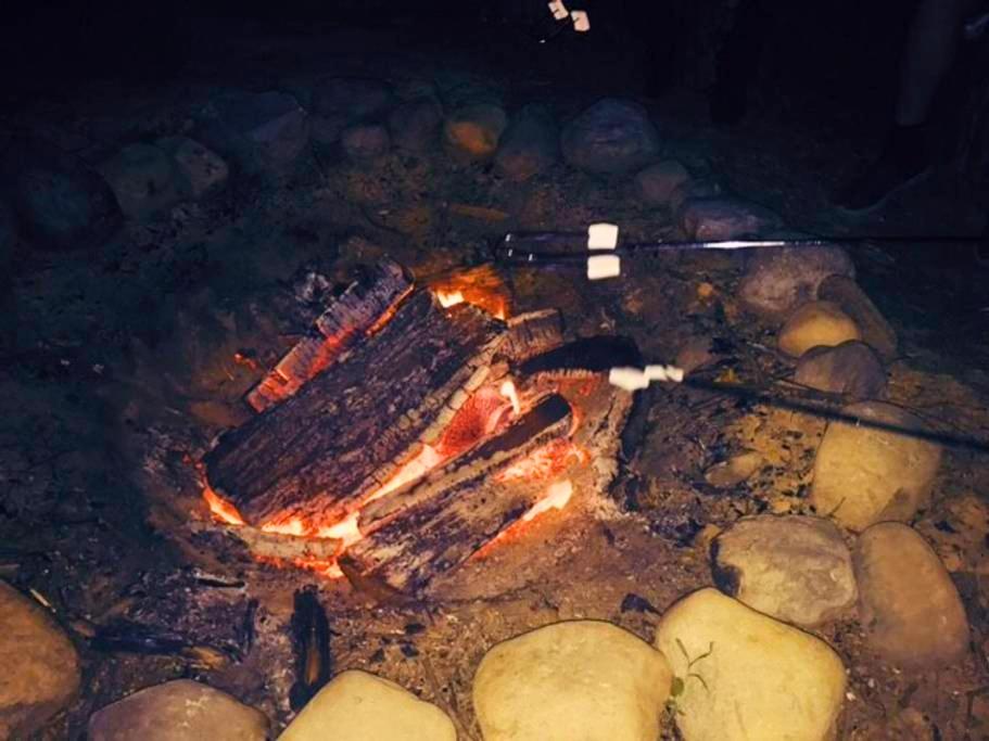 un pedazo de carne está siendo cocinado sobre un fuego en Rare River Views & Access, Cabin by Eden Islands, 