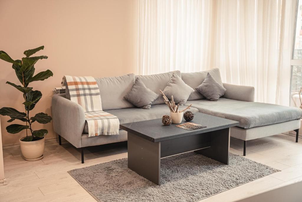 a living room with a couch and a coffee table at Elite Business Residence with Free Gym Pass, Street Parking and Full Office Setup in Plovdiv