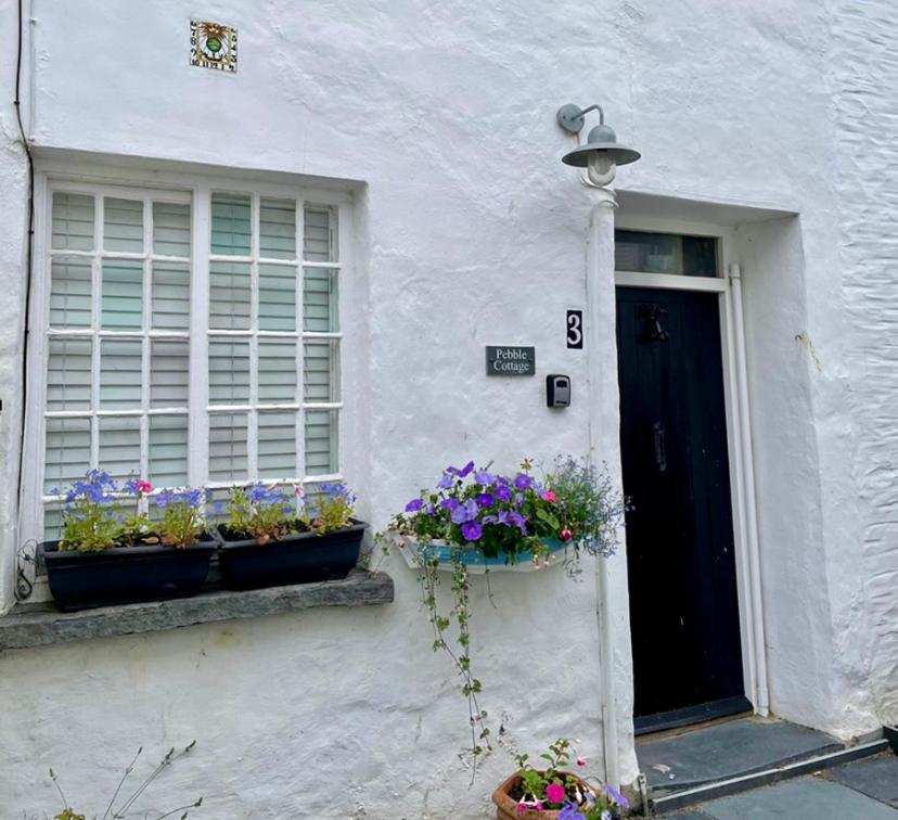 Una casa blanca con dos ventanas y flores. en Pebble Cottage en Aberdyfi