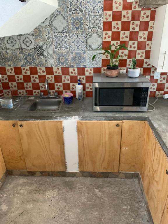 La cuisine est équipée d'un four micro-ondes et d'un évier. dans l'établissement Habitación privada peña, à Querétaro