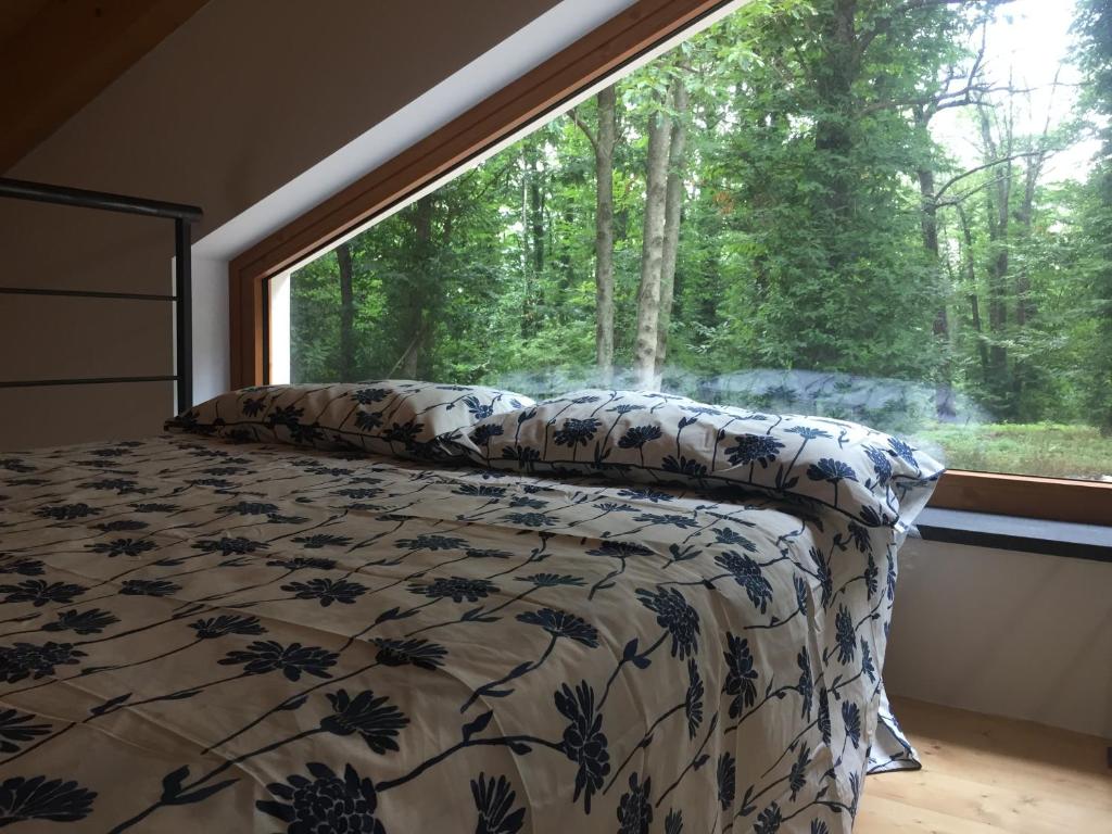 een slaapkamer met een bed en een groot raam bij B&B Al Boschetto in Nemoli