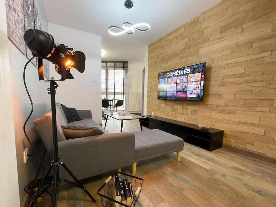 a living room with a television and a couch and a camera at Easy Location - Parking - Free Wifi - Tourism and Business in Freyming
