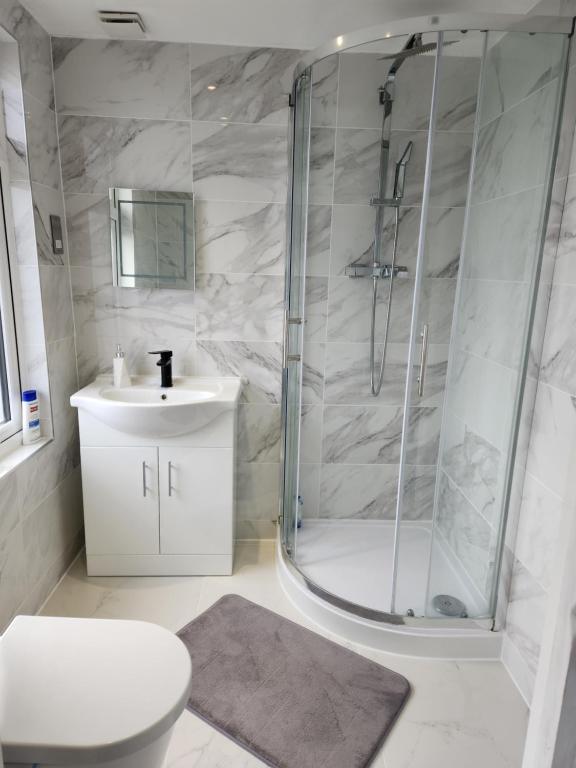 a bathroom with a shower and a toilet and a sink at 12 Minutes to Central London Kings Cross, 6 minutes walks to the train station - Free parking 3 bed 2 bath fully refurbished flat NO PARTY OR GATHERING ALLOWED in London