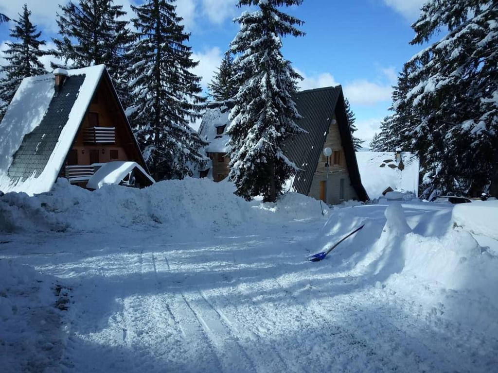 a house with a pile of snow in front of it at Vikendica A Vlasic in Vlasic