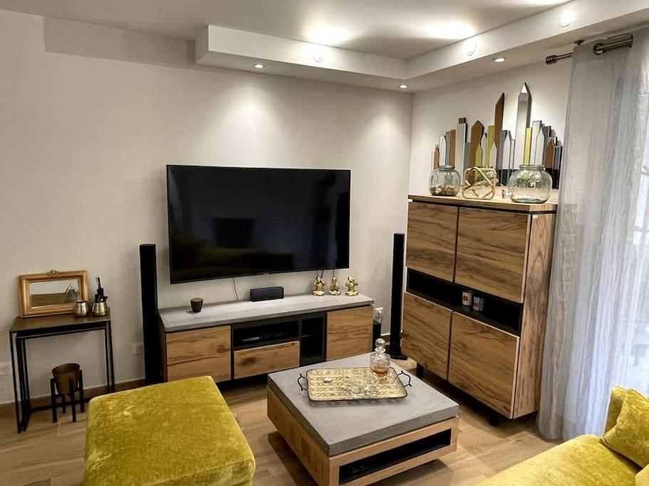 ein Wohnzimmer mit einem großen Flachbild-TV in der Unterkunft Appartement calme proche Bastia in Cardo