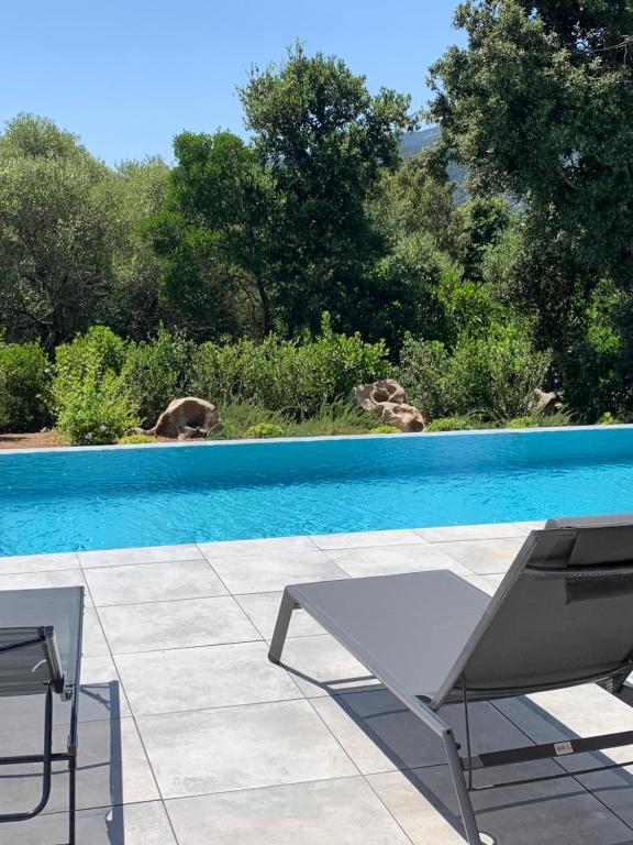 a table and two chairs next to a swimming pool at DOMAINE NAPOLEON CORSICA FIGARI in Figari