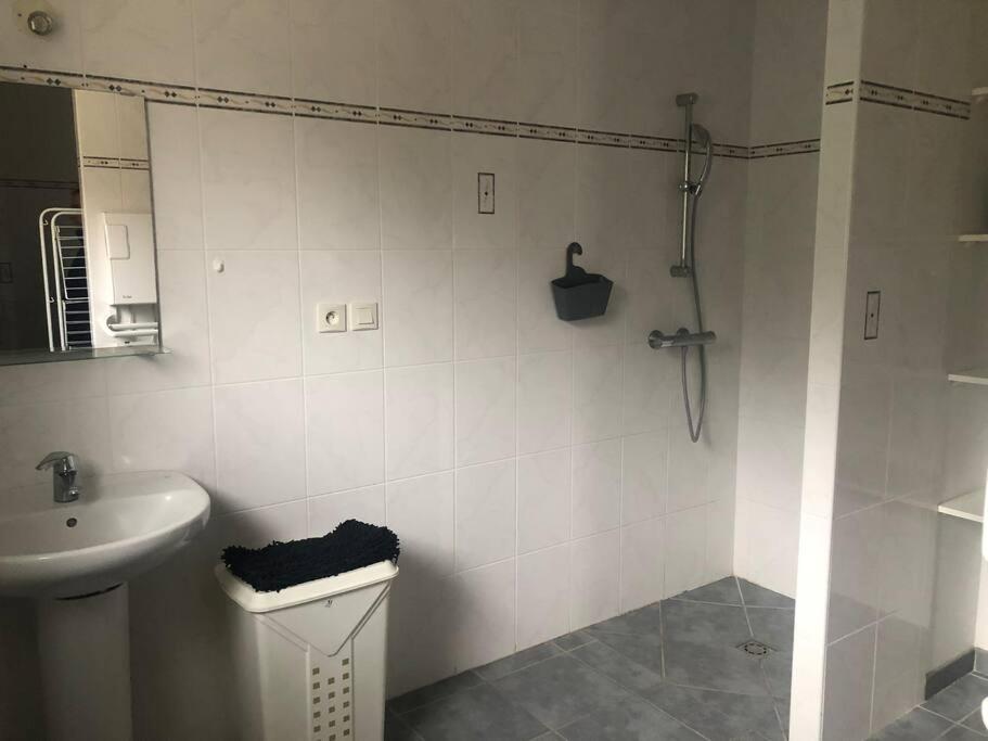 biała łazienka z umywalką i prysznicem w obiekcie LES IRIS 2 T2 45m2 à 300m des thermes w mieście Eugénie-les-Bains
