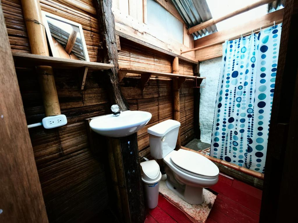 a bathroom with a toilet and a sink at Hostal La Pijaraña in Salento