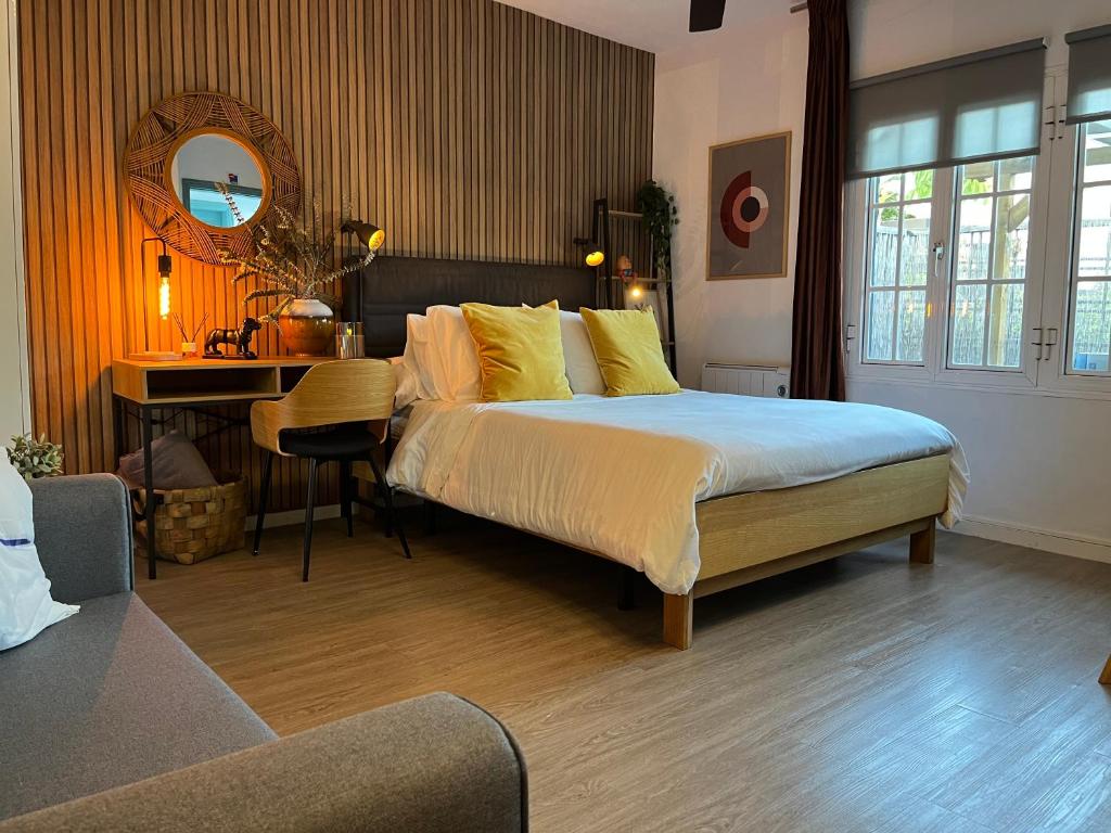 um quarto com uma cama, uma secretária e um espelho em Acogedor estudio en la laguna em San Cristóbal de La Laguna