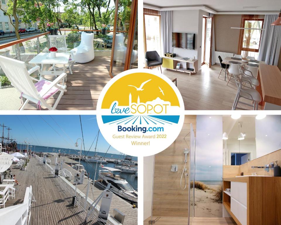 eine Collage mit vier Bildern eines Hauses mit Yachthafen in der Unterkunft LoveSopot Luxury Terrace Apartment in Sopot