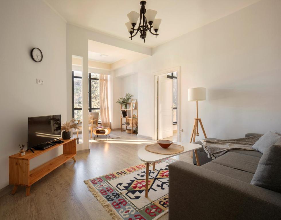 迪利然Modern apartment In Dilijan with great view的带沙发和桌子的客厅