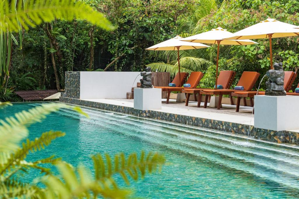 Thalassa Dive & Wellbeing Resort Manado في مانادو: مسبح مع كراسي ومظلات