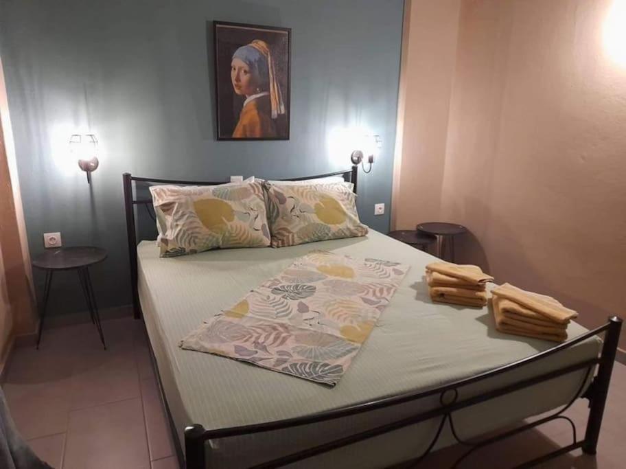 a bed with two pillows and a painting on the wall at Διαμέρισμα με θέα θάλασσα στην περιοχή της Αθύτου in Afitos
