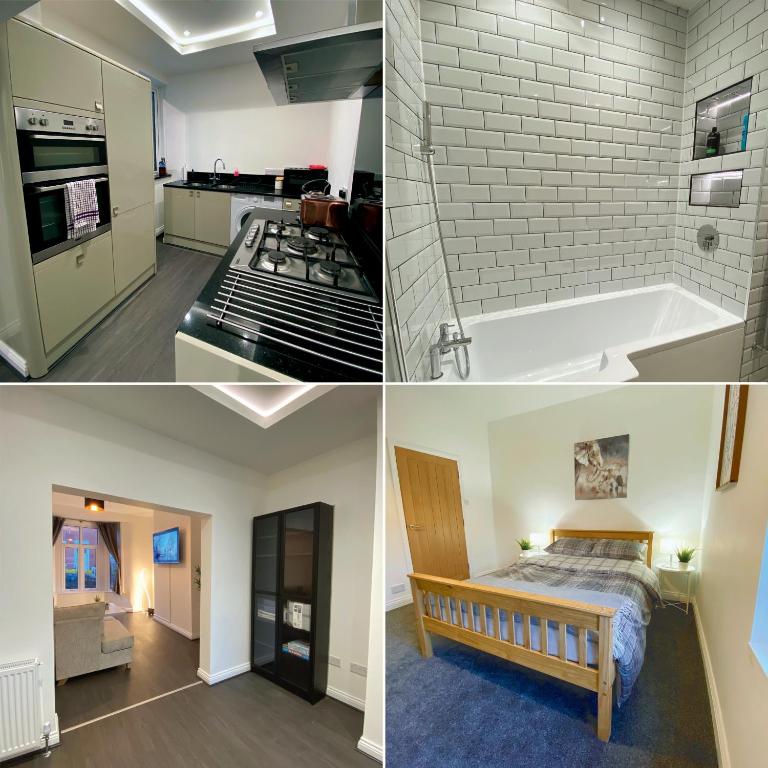 A spacious & modern 3-bed home في بلاكبيرن: مجموعة صور مطبخ وغرفة معيشة