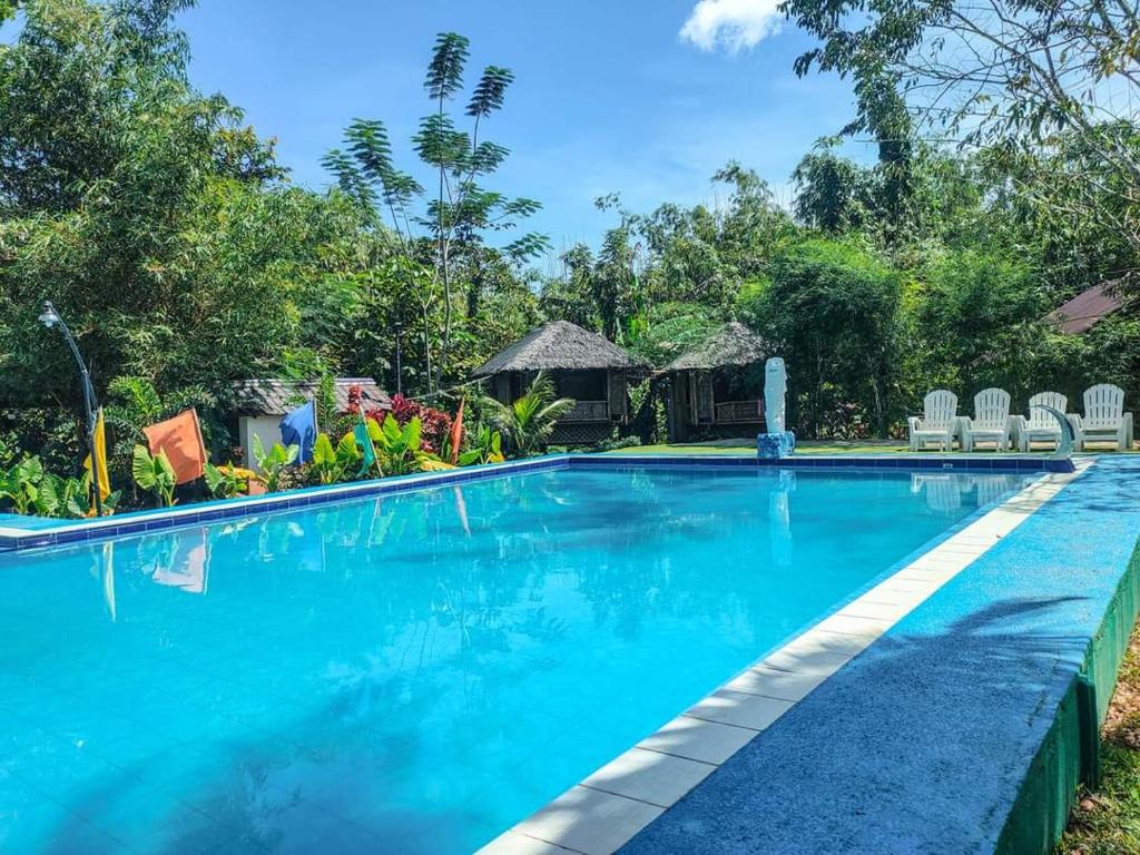 a swimming pool in a resort with chairs and trees at Banlaw Garden Resort in Puerto Princesa City