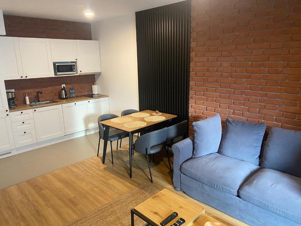 Kuchyň nebo kuchyňský kout v ubytování Apartamenty BRUNO i BIANCA w Symphony Modern Tower Gdynia 2 i 3 piętro