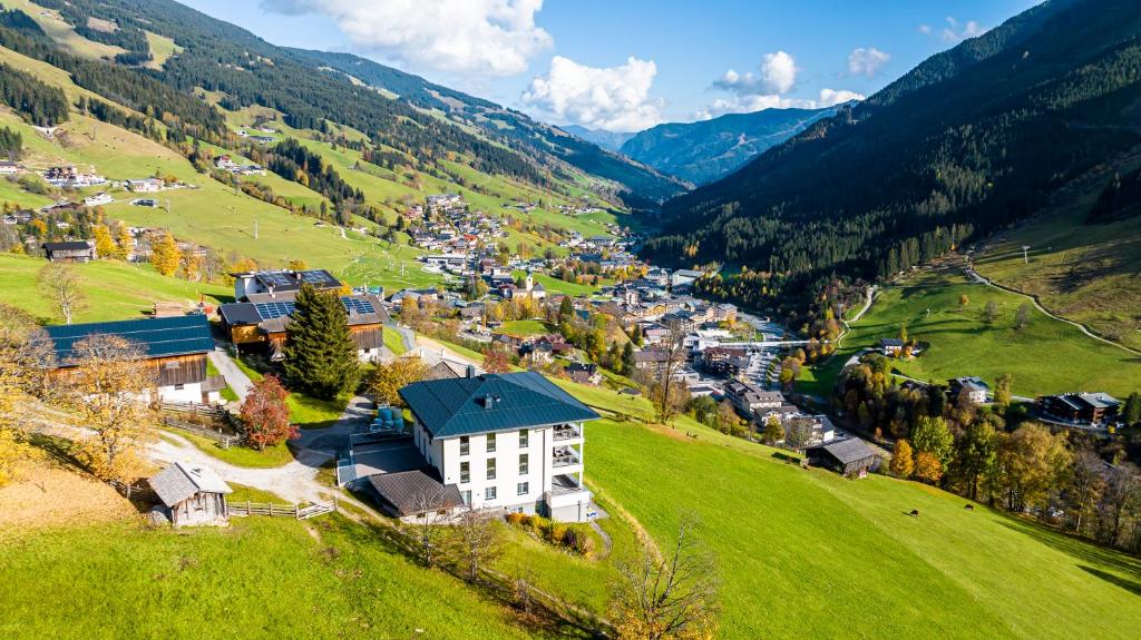 an aerial view of a village in the mountains at Eberharthof in Saalbach-Hinterglemm