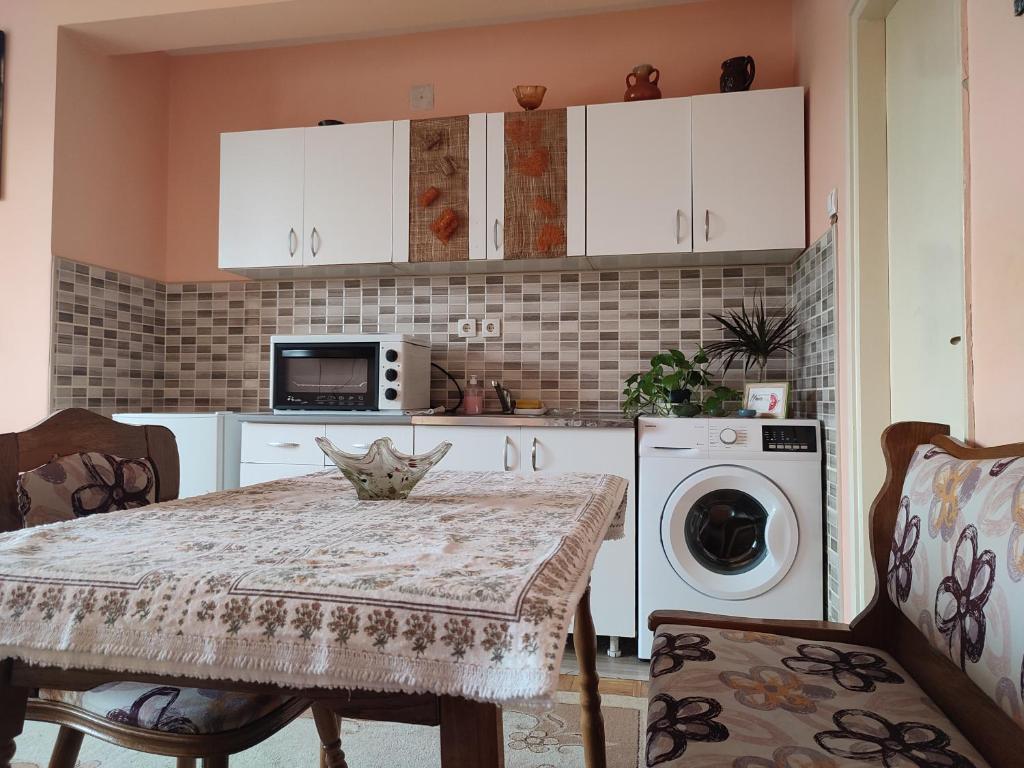 eine Küche mit einem Tisch und einer Waschmaschine in der Unterkunft Apartman UNA in Kruševac