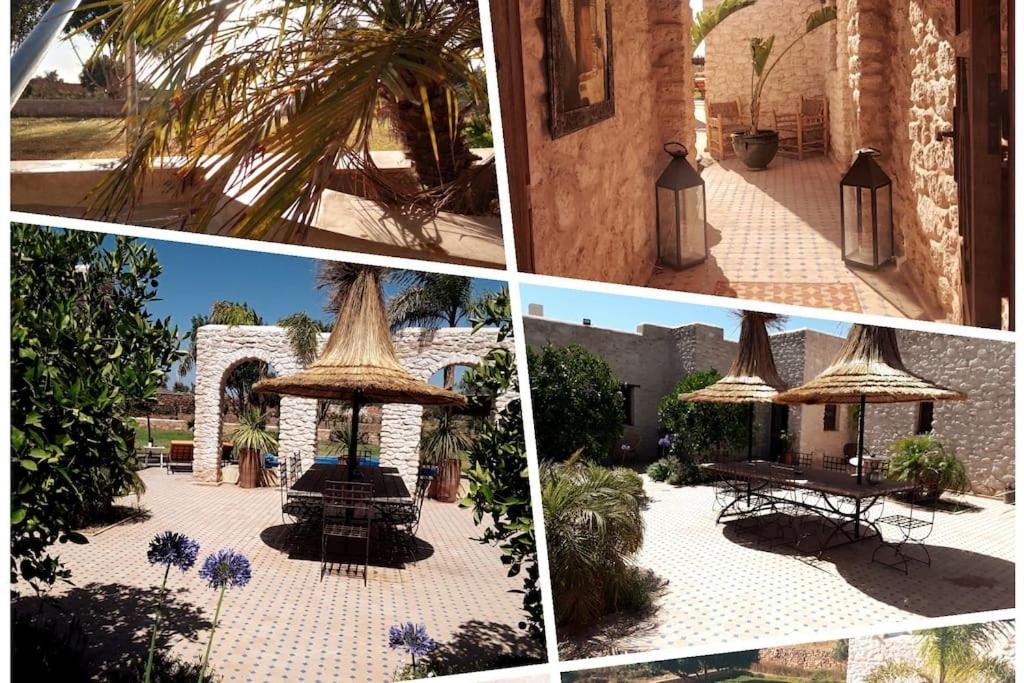 eine Collage mit Bildern eines Innenhofs mit einem Tisch und einem Sonnenschirm in der Unterkunft Riad Mamy Wababi in Essaouira
